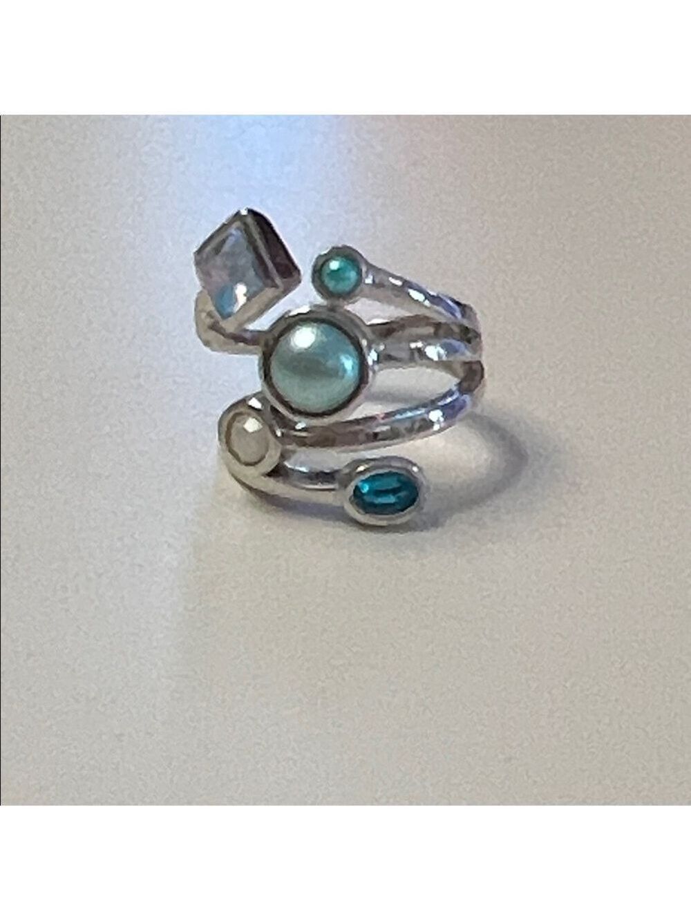 Lia Sophia Comet Ring Silver Tone with Teal White Blue & Green Stones Size 8 - Picture 6 of 7